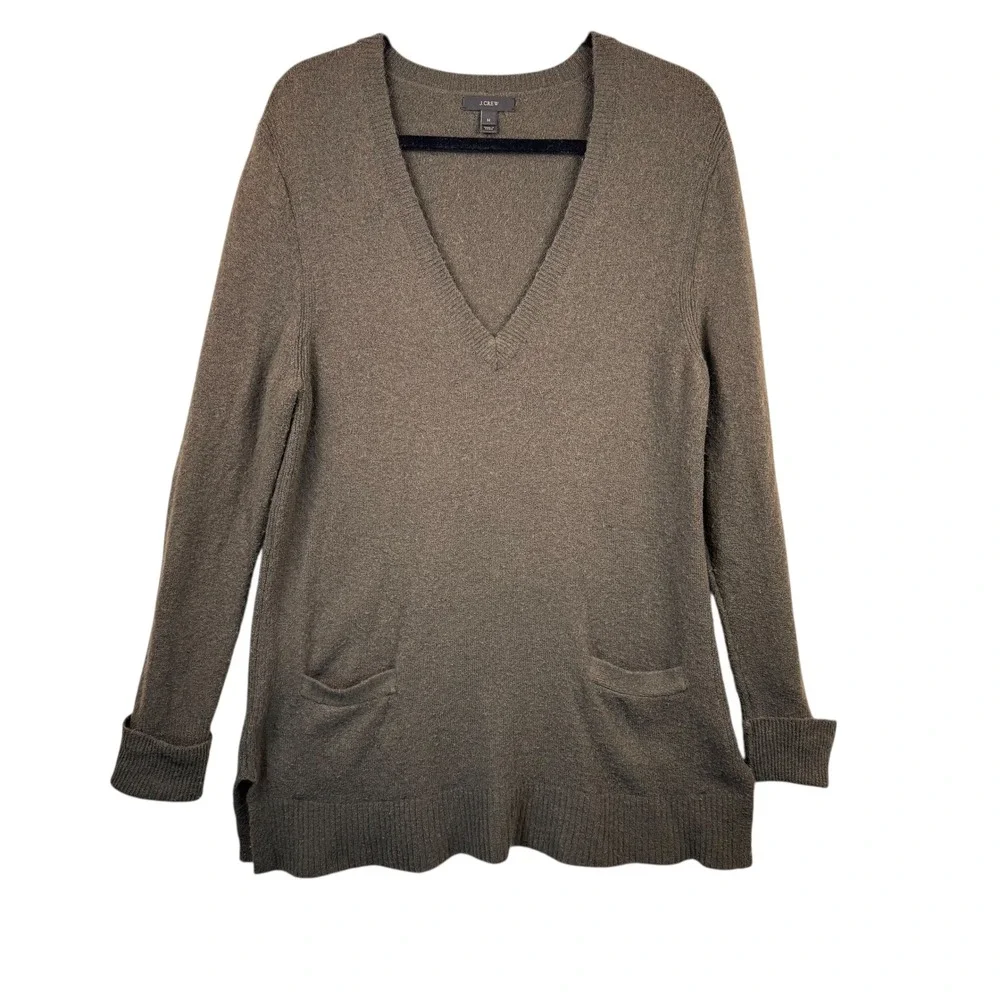 J Crew Sweater‎ Women's Size Medium V Neck Olive Green Pockets Alpaca Wool Blend